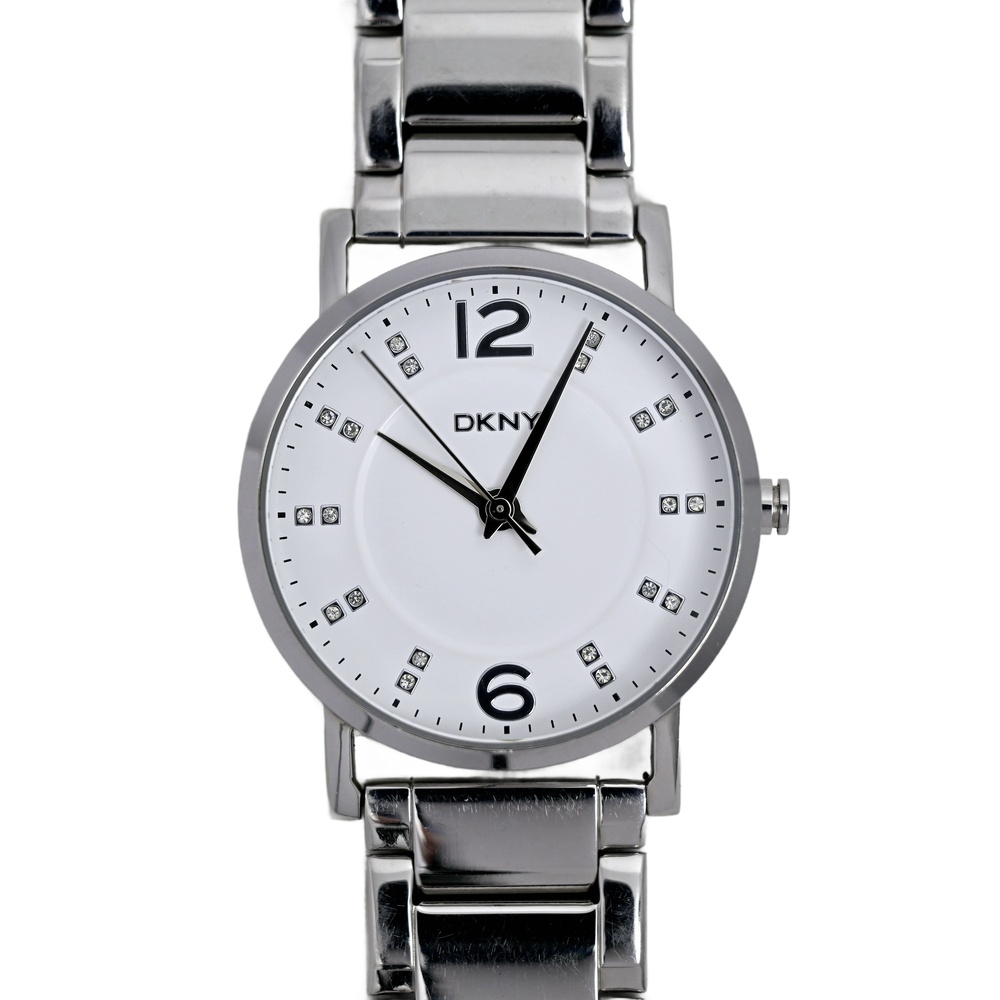 DNKY Ladies Wrist Watch White Dial Stainless Steel Quartz Diamond Indices 37mm